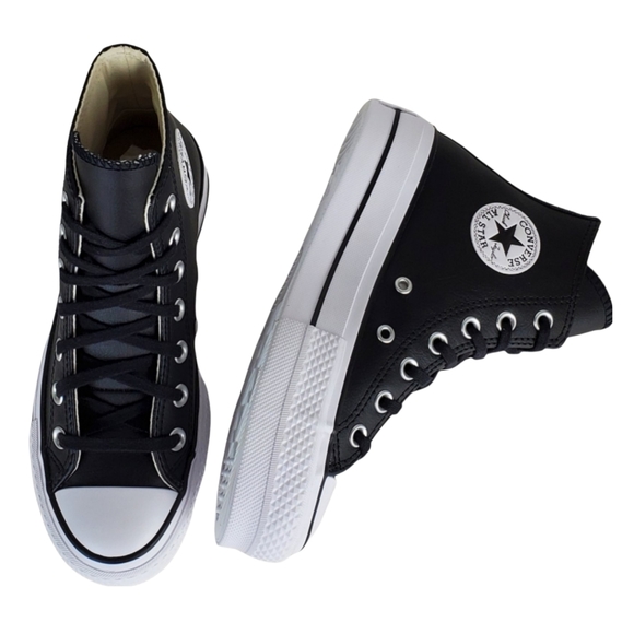 New Converse chuck taylor lift black leather lace up platform high top sneakers - Picture 6 of 16